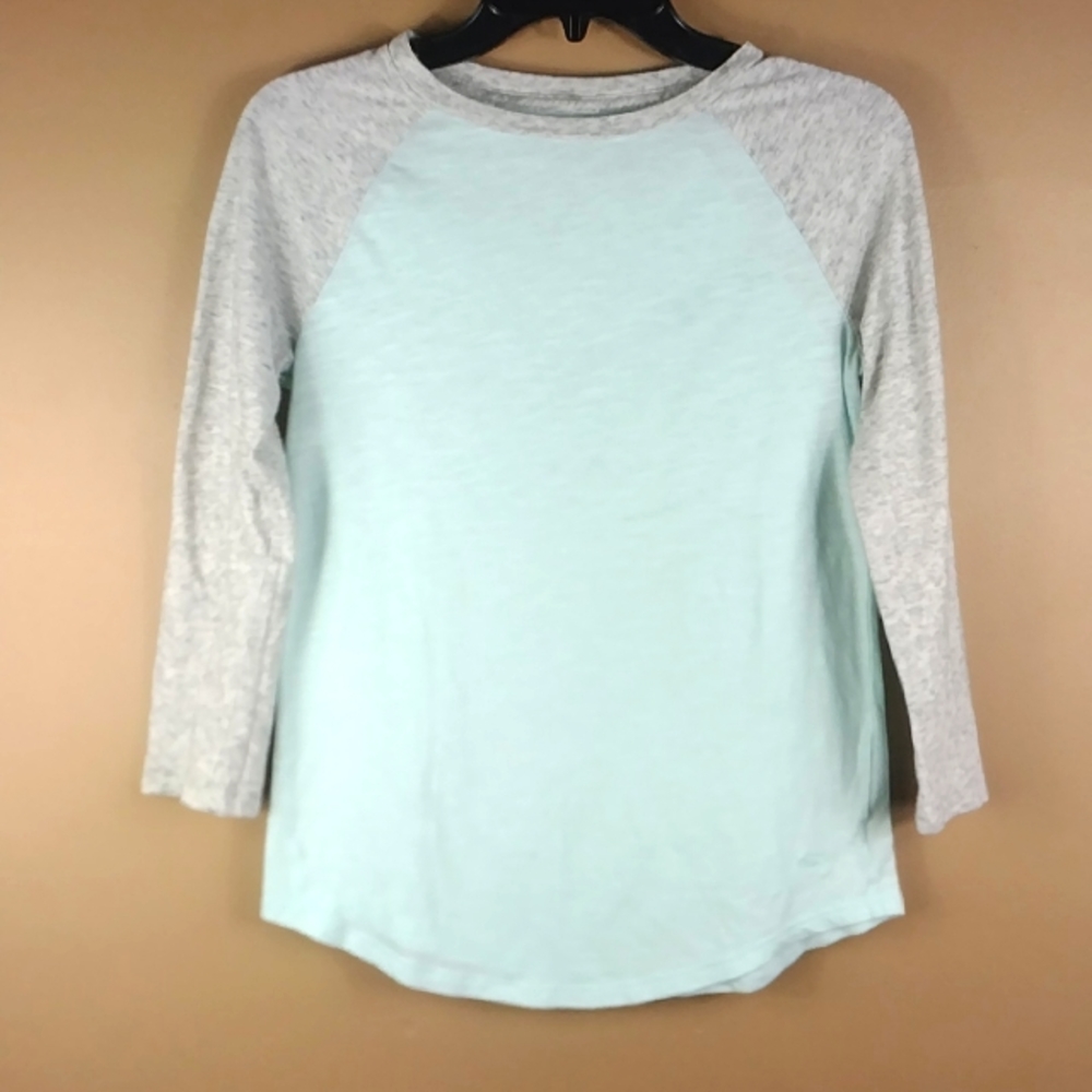 PINK - 3/4 Sleeve Color Block Heather Gray & Blue Raglan T-shirt Top - XS / S
